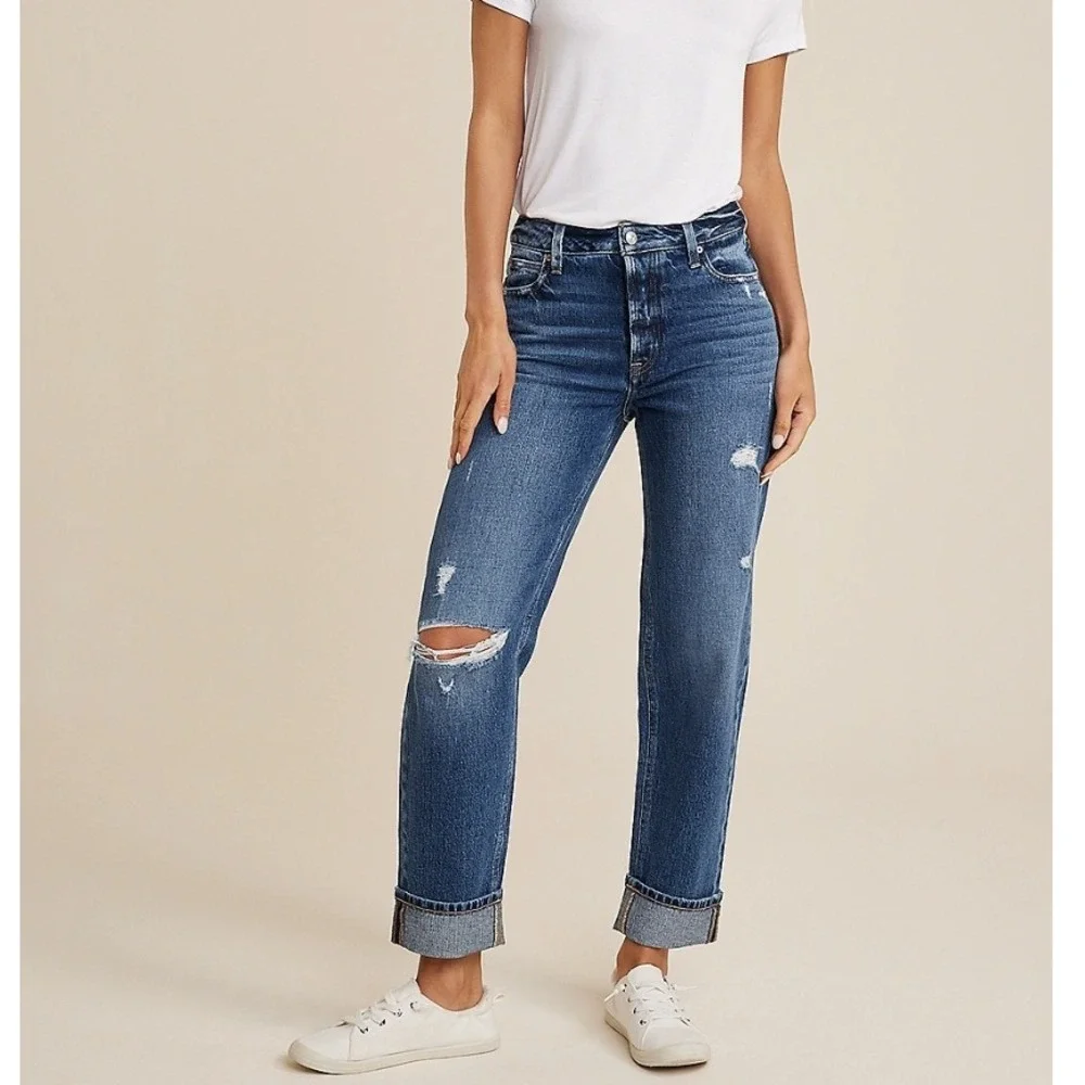 Goldie Blues Brooklyn Relaxed Straight Ankle High Rise Ripped Blue Denim Jean 16